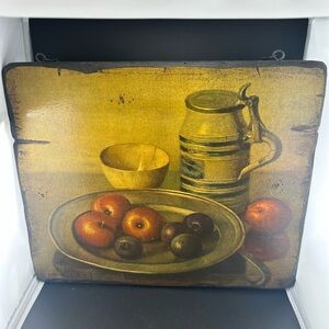 Vintage still life print by Dutch artist Henk Bos, mounted on a wooden plaque.